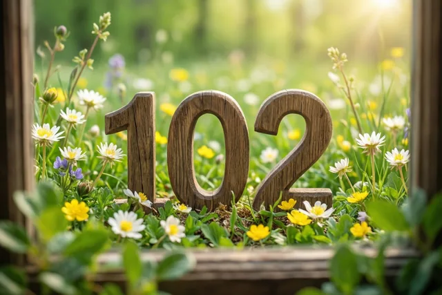 Houten cijfers vormen 102 in een bed van lentebloemen binnen een houten kader, in een zonnige weide met onscherpe achtergrond.