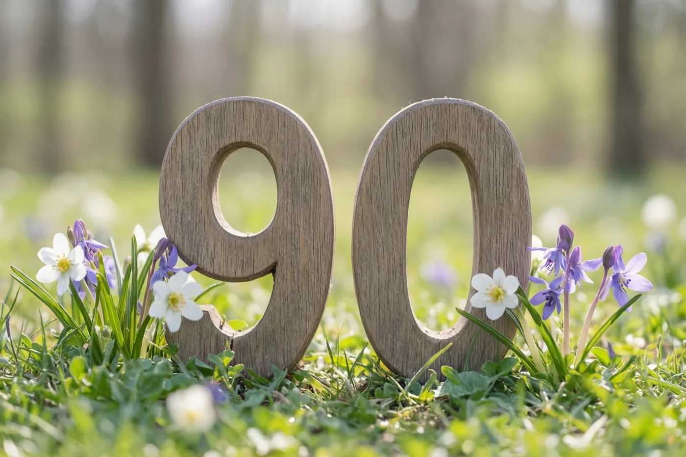Houten cijfers vormen 90 in een zonnige grasweide met kleine witte en paarse lentebloemen en een onscherp bos op de achtergrond.