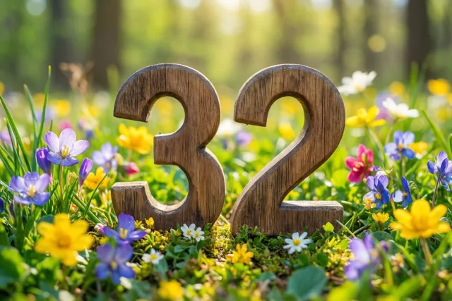 Houten cijfers 32 staan rechtop in een zonnige weide vol lentebloemen met onscherp groen op de achtergrond.