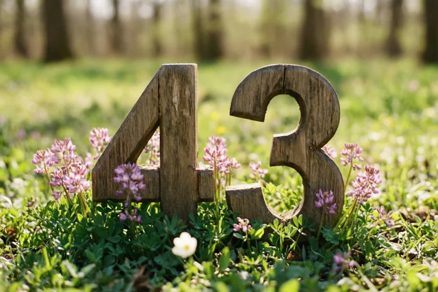 Houten cijfers 43 staan in een grasweide vol roze en witte lentebloemen onder helder zonlicht.