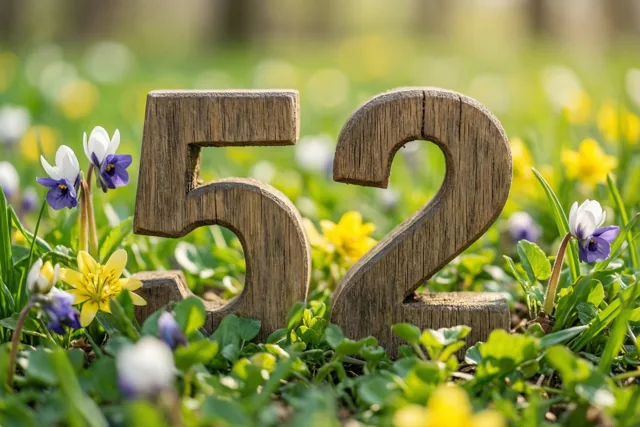 Houten cijfers vormen 52 in een felgroene weide vol lentebloemen in de zon.