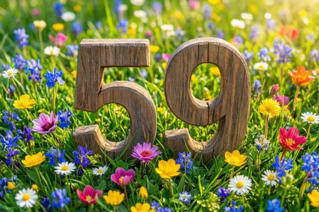Houten cijfers 59 staan in een zonnige weide tussen groen gras en kleurrijke lentebloemen.