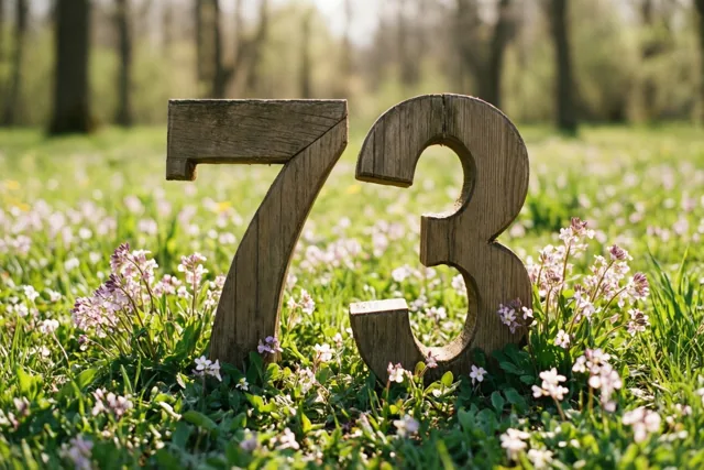 De houten cijfers 7 en 3 staan tussen roze en witte bloemetjes in een zonnige weide, met een onscherp bos op de achtergrond.