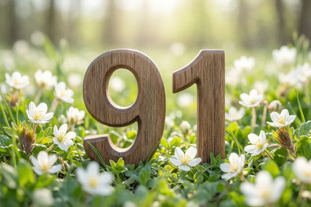 Houten cijfers vormen 91 in een groene weide vol witte lentebloemen, verlicht door de zon tegen een onscherpe achtergrond.