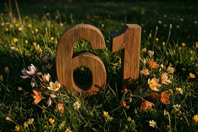 Houten cijfers 61 staan rechtop in een grasweide vol lentebloemen in warm zonlicht.