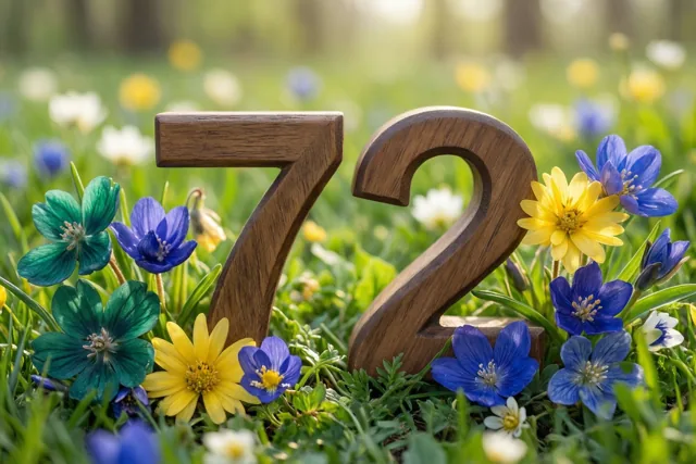 Houten cijfers 7 en 2 staan in een zonnige weide vol lentebloemen, met onscherp gras en bloemen op de achtergrond.