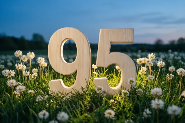 Houten cijfers die 95 vormen, staan in een grasweide met witte bloemen bij schemering onder een blauwe lucht.