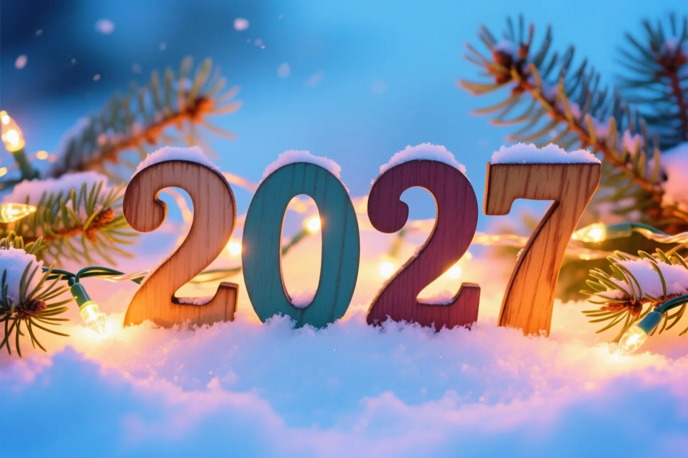 Houten cijfers vormen 2027 in verse sneeuw, omringd door dennentakken en brandende lichtjes tegen een schemerhemel.