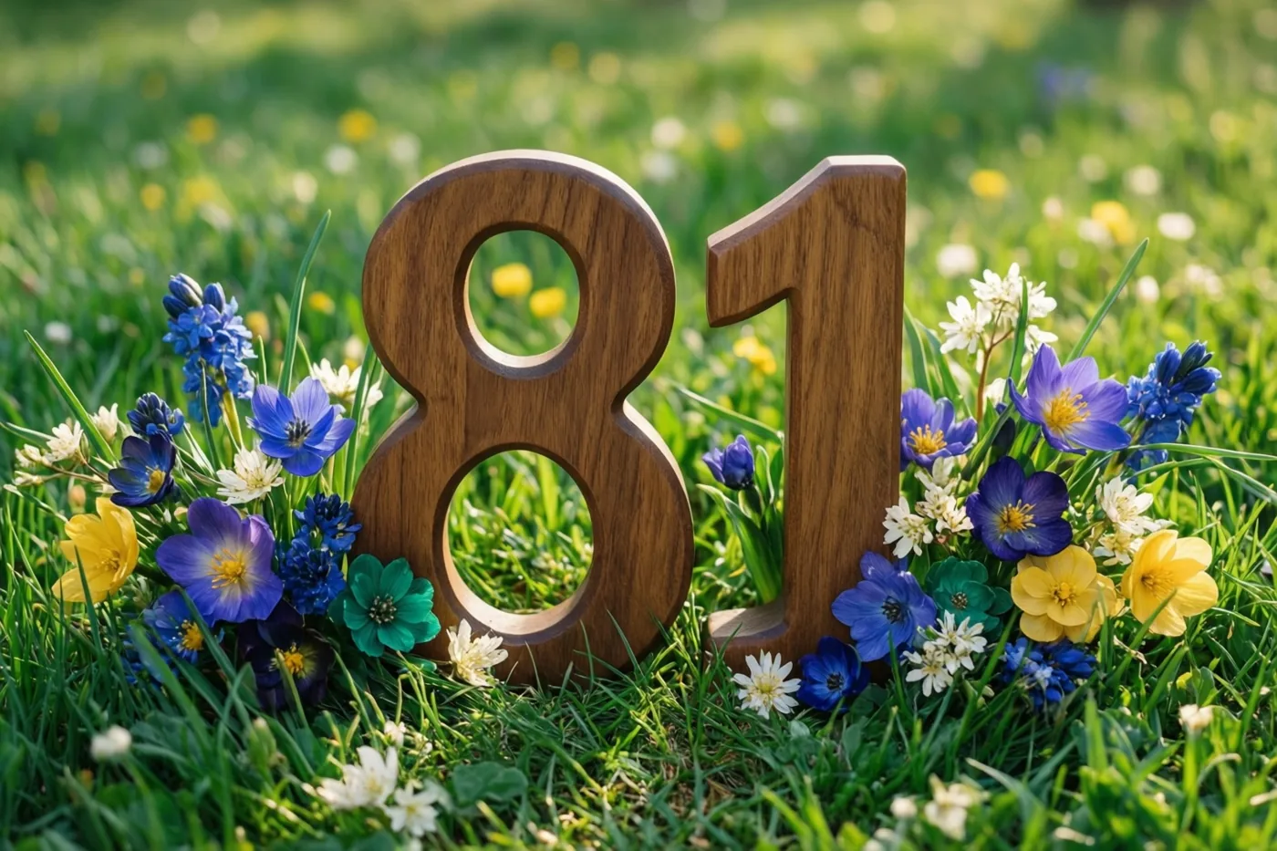 Houten cijfers die samen 81 vormen staan in een zonnige weide met frisse lentebloemen in groene, blauwe en gele tinten.
