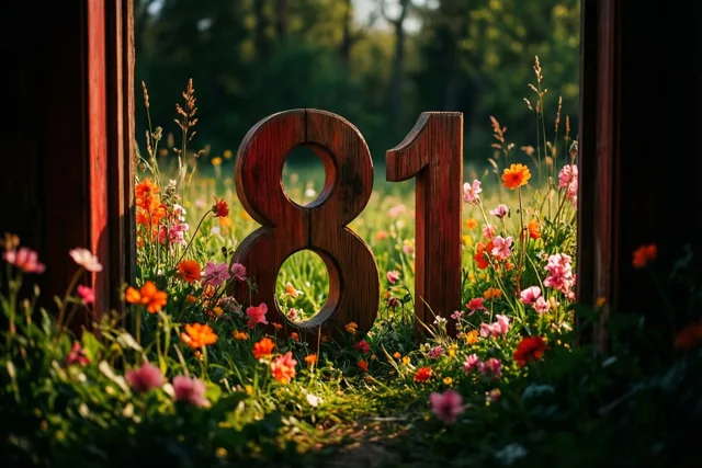 Houten cijfers die samen 81 vormen staan in een zonnige weide vol kleurrijke lentebloemen, met onscherpe groene bomen op de achtergrond.
