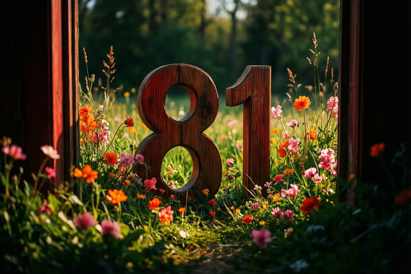 Houten cijfers die samen 81 vormen staan in een zonnige weide vol kleurrijke lentebloemen, met onscherpe groene bomen op de achtergrond.