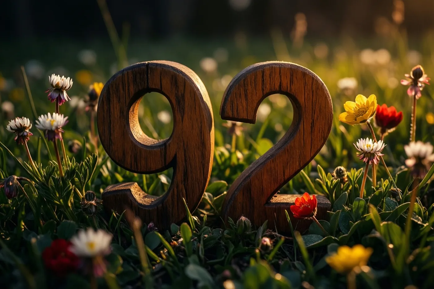 Houten cijfers vormen 92 in een grasweide met kleurrijke lentebloemen in warm goudkleurig zonlicht.