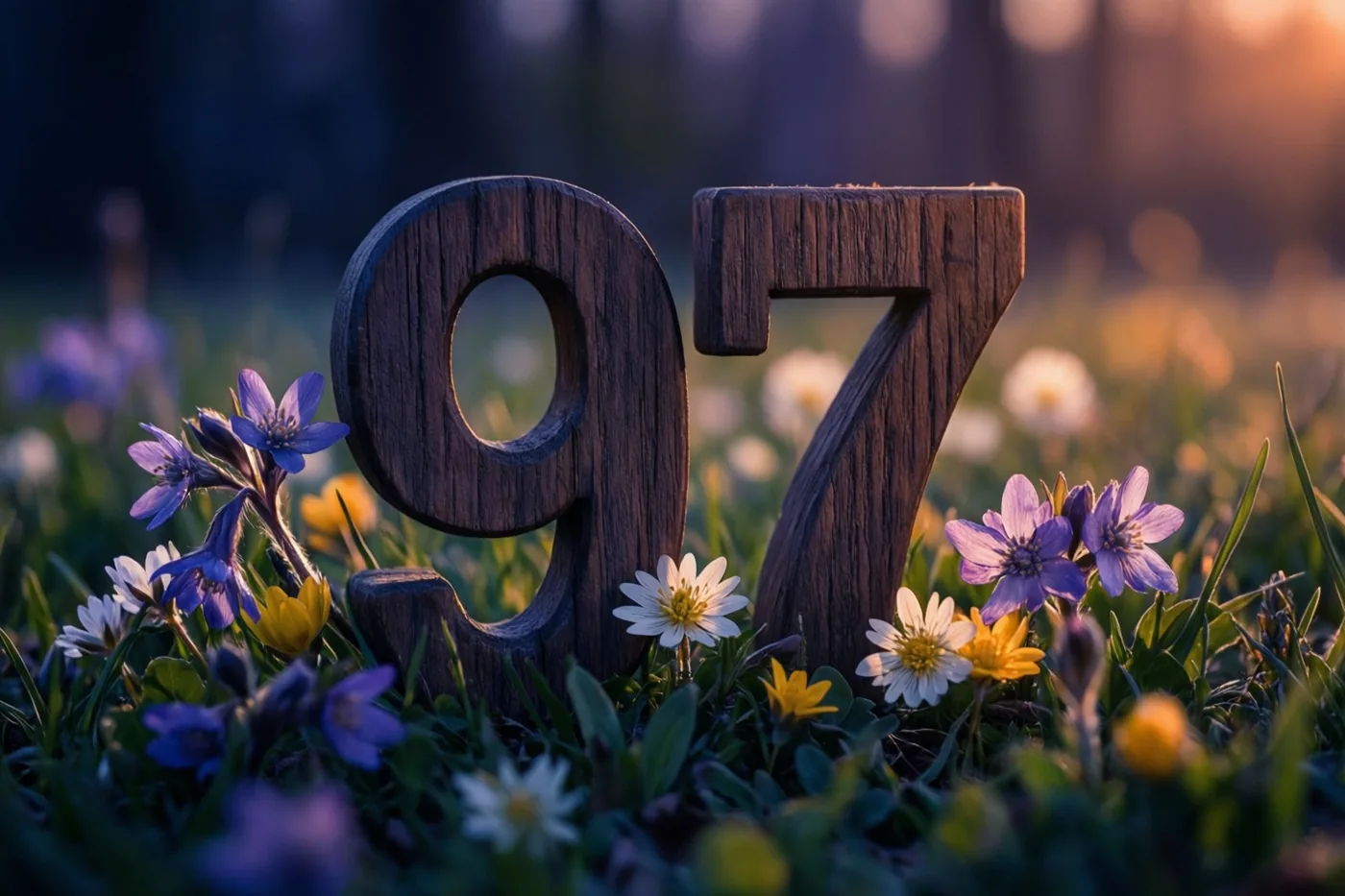 Houten cijfers 97 staan tussen verse lentebloemen in een weide, in warm gouden zonlicht tegen een onscherpe achtergrond.