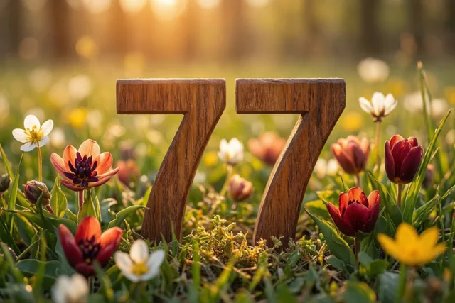 Twee houten zevens staan rechtop in een grasweide vol kleurrijke lentebloemen in warm goudkleurig zonlicht.