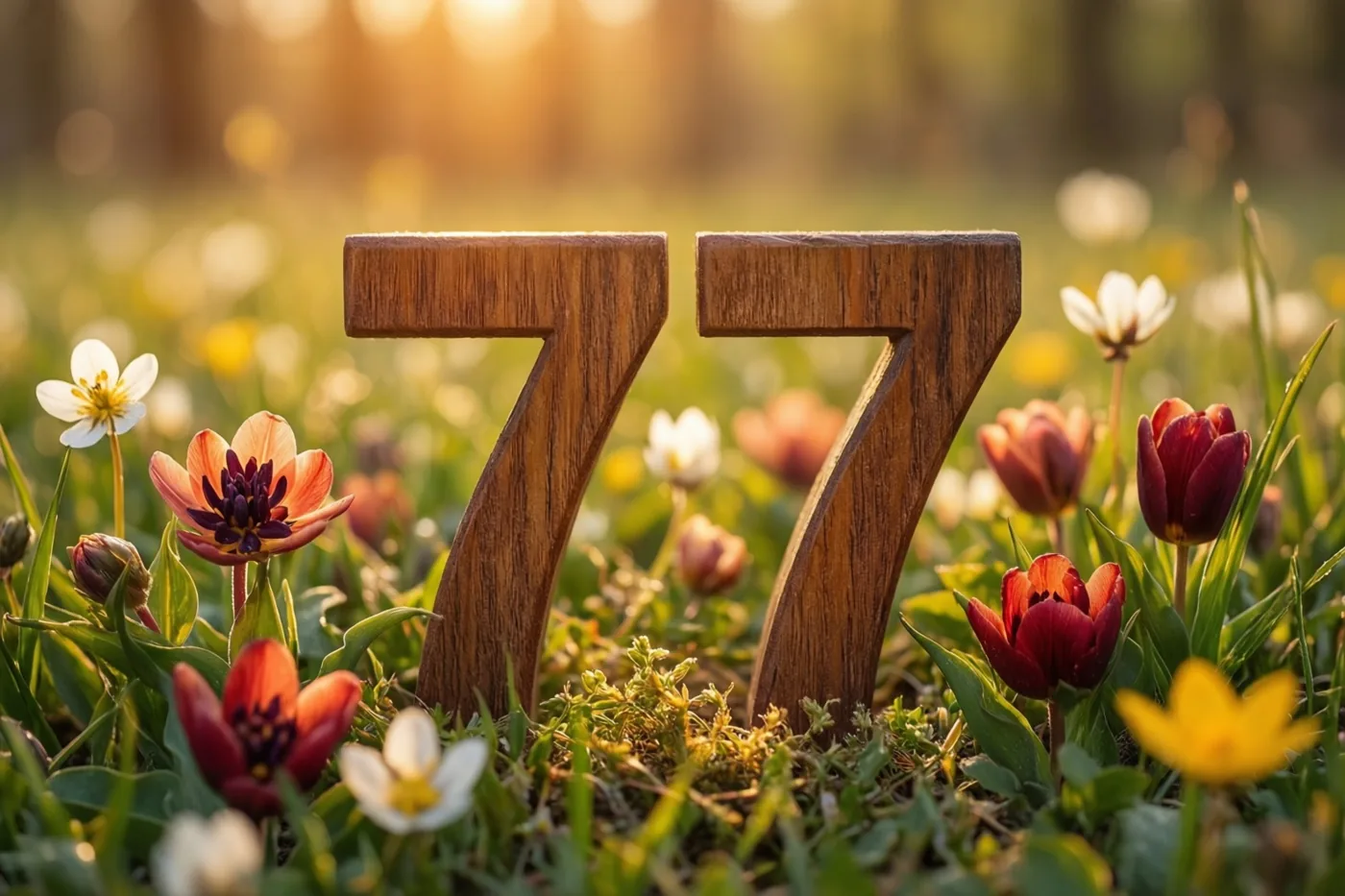 Twee houten zevens staan rechtop in een grasweide vol kleurrijke lentebloemen in warm goudkleurig zonlicht.