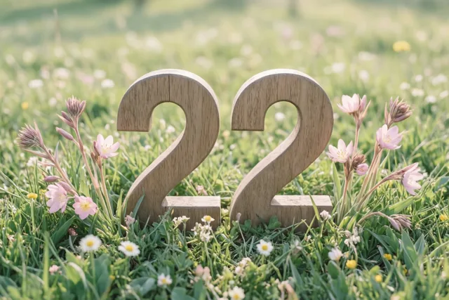 Twee houten cijfers vormen 22 in een felgroene weide vol lentebloemen onder helder zonlicht.