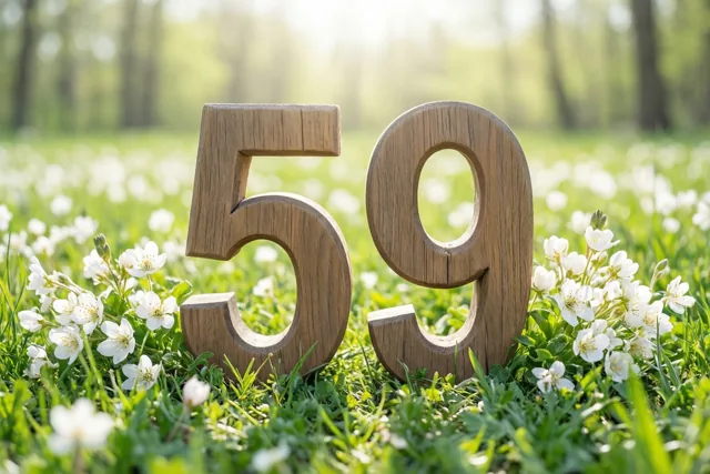 Houten cijfers 59 staan rechtop in een zonnige groene weide vol witte lentebloemen.