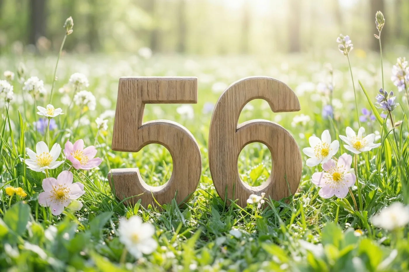 Houten cijfers vormen 56 in een felgroene weide vol lentebloemen in helder zonlicht.