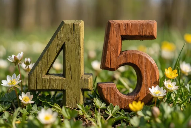 Een houten 4 en 5 staan rechtop in een zonnige grasweide met kleine witte en gele lentebloemen.