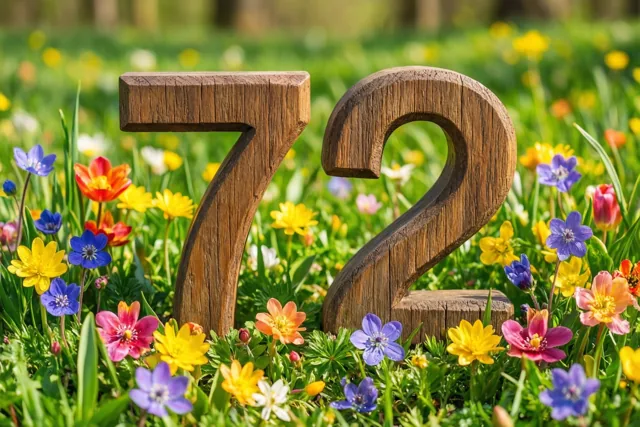 Houten cijfers 7 en 2 staan in een zonnige weide met groen gras en gele, blauwe en roze lentebloemen.