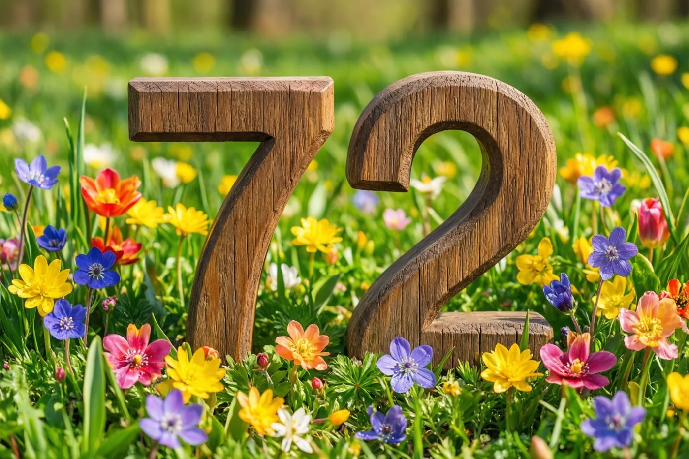 Houten cijfers 7 en 2 staan in een zonnige weide met groen gras en gele, blauwe en roze lentebloemen.