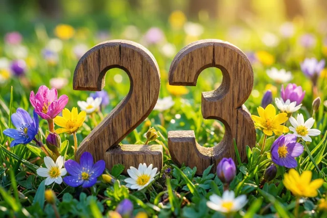 Houten cijfers vormen 23 in een zonnige, groene weide met gele, paarse en witte lentebloemen.