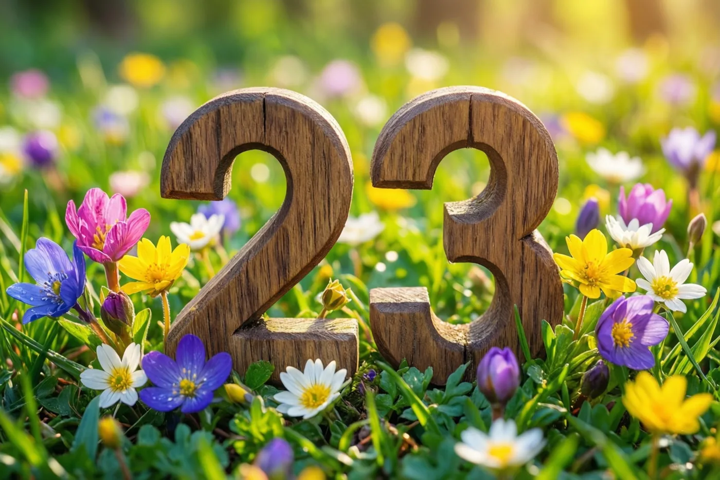 Houten cijfers vormen 23 in een zonnige, groene weide met gele, paarse en witte lentebloemen.