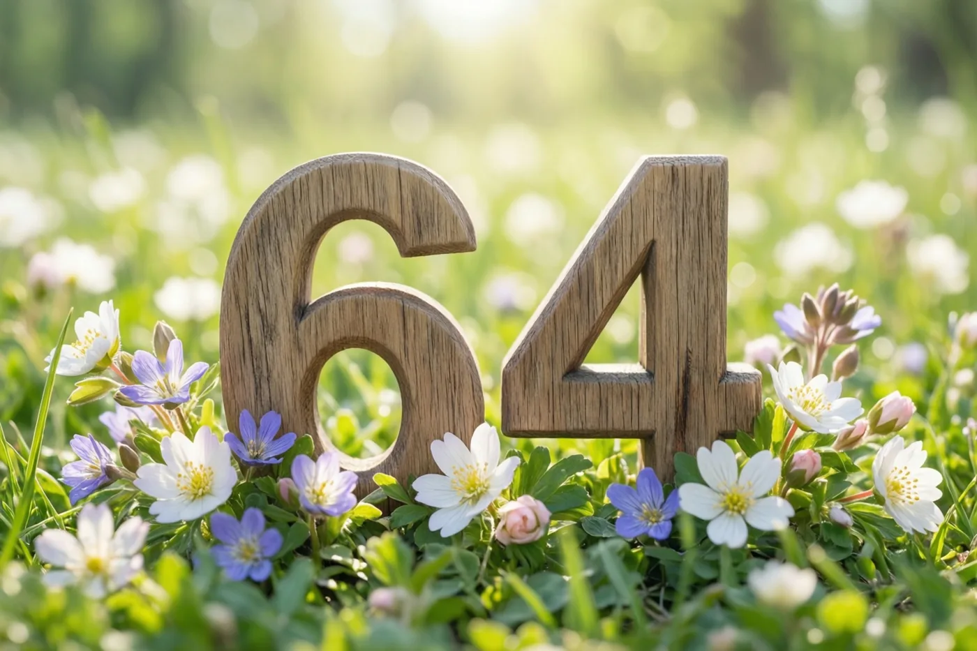Houten cijfers vormen 64 in een zonnige weide met lentebloemen in witte en paarse tinten.