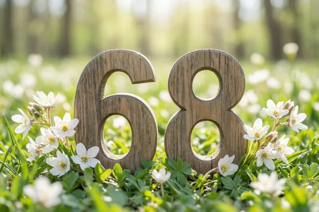 Houten cijfers die samen 68 vormen staan rechtop in een zonnige weide met groen gras, lentebloemen en witte bloesems.