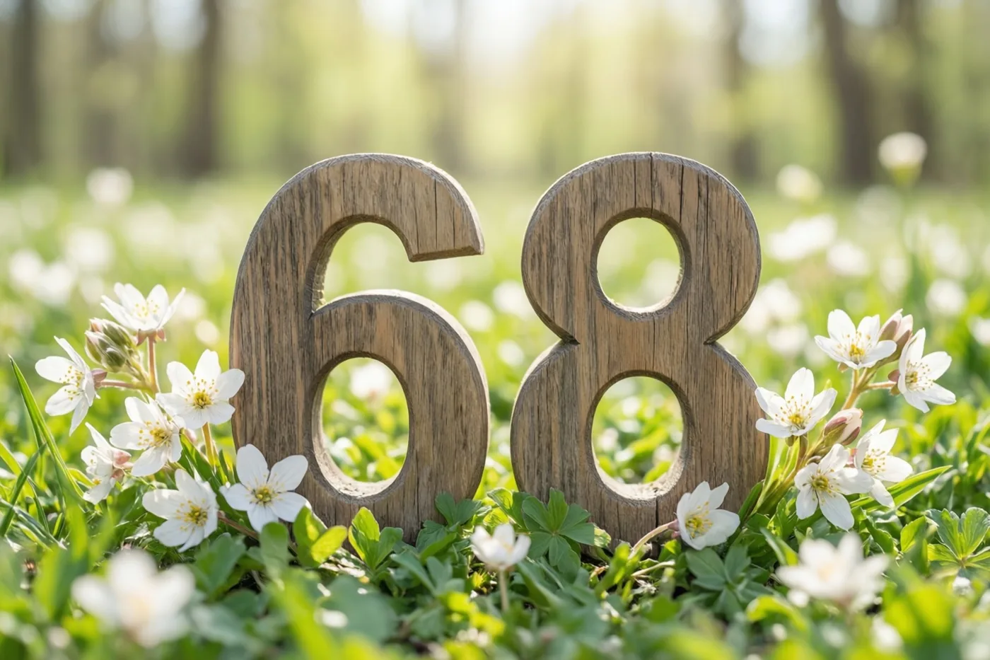 Houten cijfers die samen 68 vormen staan rechtop in een zonnige weide met groen gras, lentebloemen en witte bloesems.