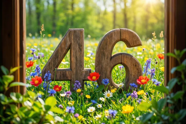 Houten cijfers vormen 46 in een zonnige weide met kleurrijke lentebloemen, omlijst door houten raamachtige constructies en groen op de voorgrond.