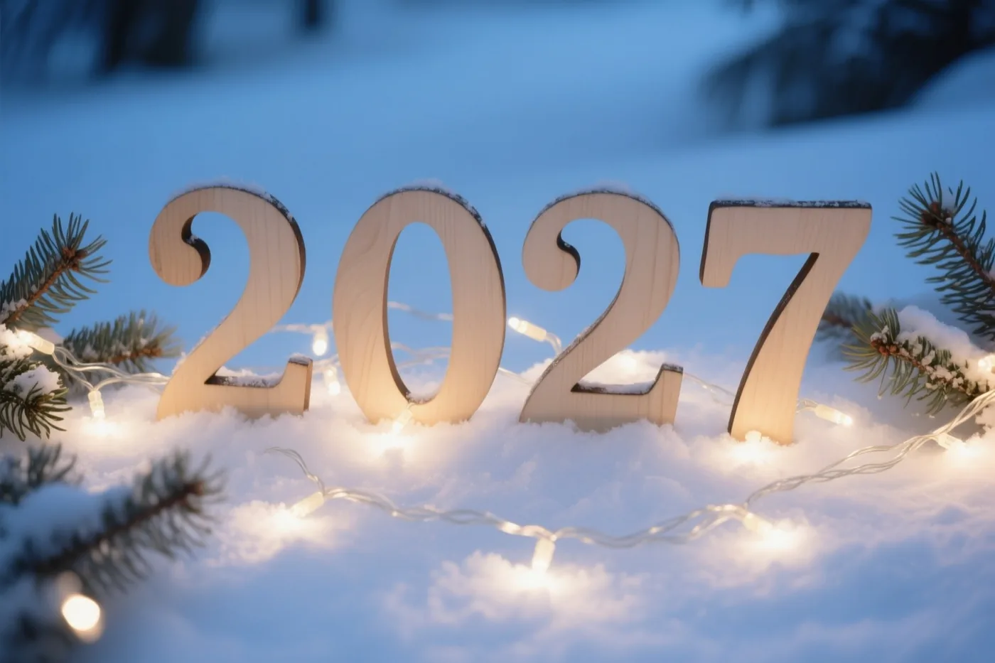 Houten cijfers vormen 2027 in verse sneeuw tussen dennentakken en brandende lichtjes onder een blauwe schemerhemel.
