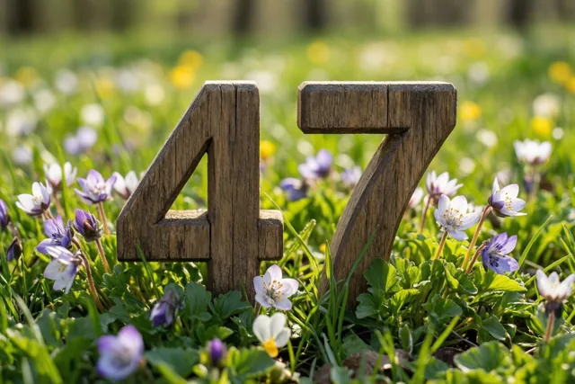 Houten cijfers vormen 47 in een felgroene weide met verse lentebloemen in helder zonlicht.