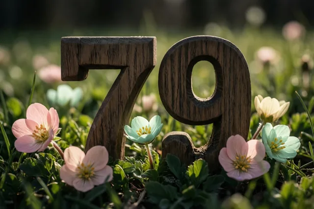 Houten cijfers die samen 79 vormen staan in zonnig groen gras tussen kleine roze en lichtblauwe bloemen, met een onscherpe achtergrond.
