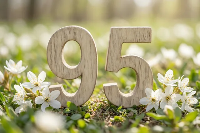 Houten cijfers die 95 vormen, staan rechtop in een zonnige weide tussen groen gras en witte lentebloemen.