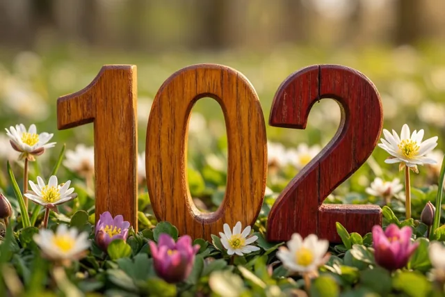 Houten cijfers vormen 102 in een zonnige weide vol verse lentebloemen, tegen een zacht onscherpe achtergrond.