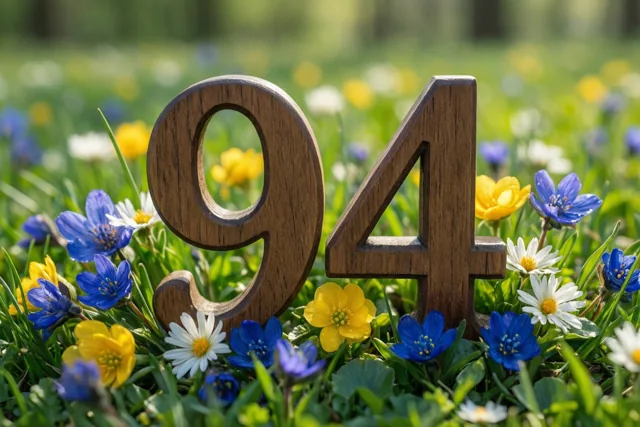 Houten cijfers vormen 94 in een zonnige weide vol verse lentebloemen, met een onscherpe achtergrond.