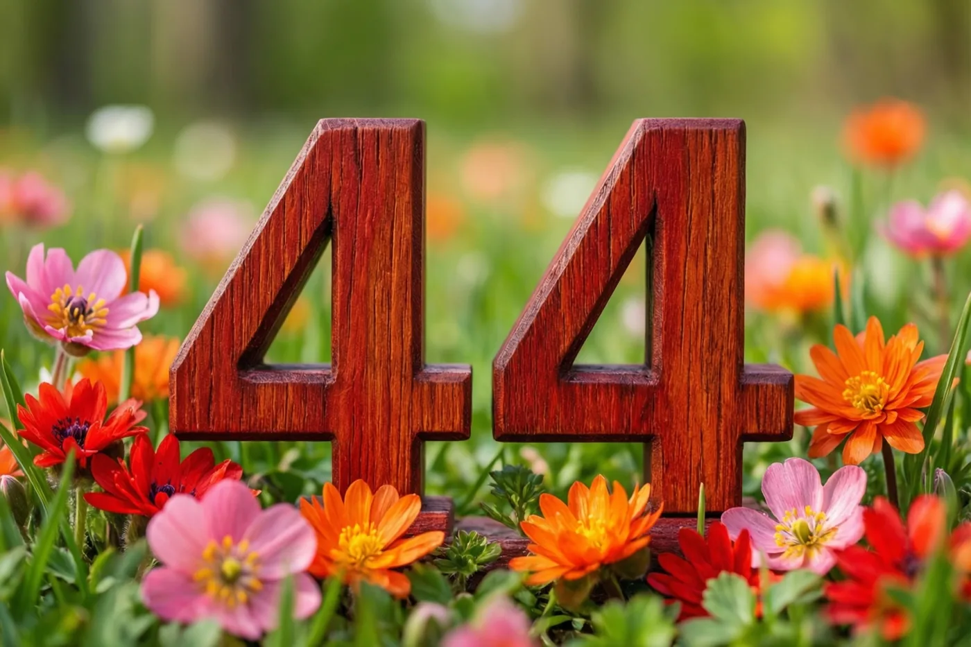 Houten cijfers vormen 44 in een weide vol verse lentebloemen, in helder zonlicht tegen een zachte groene achtergrond.