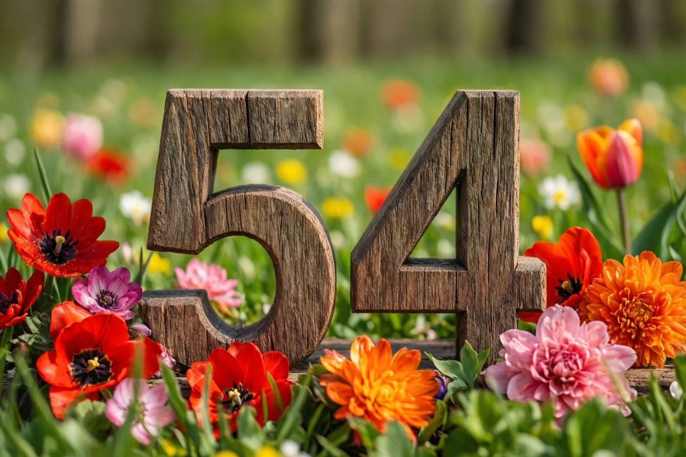 Houten cijfers 54 staan rechtop in een weide vol verse lentebloemen in helder zonlicht.