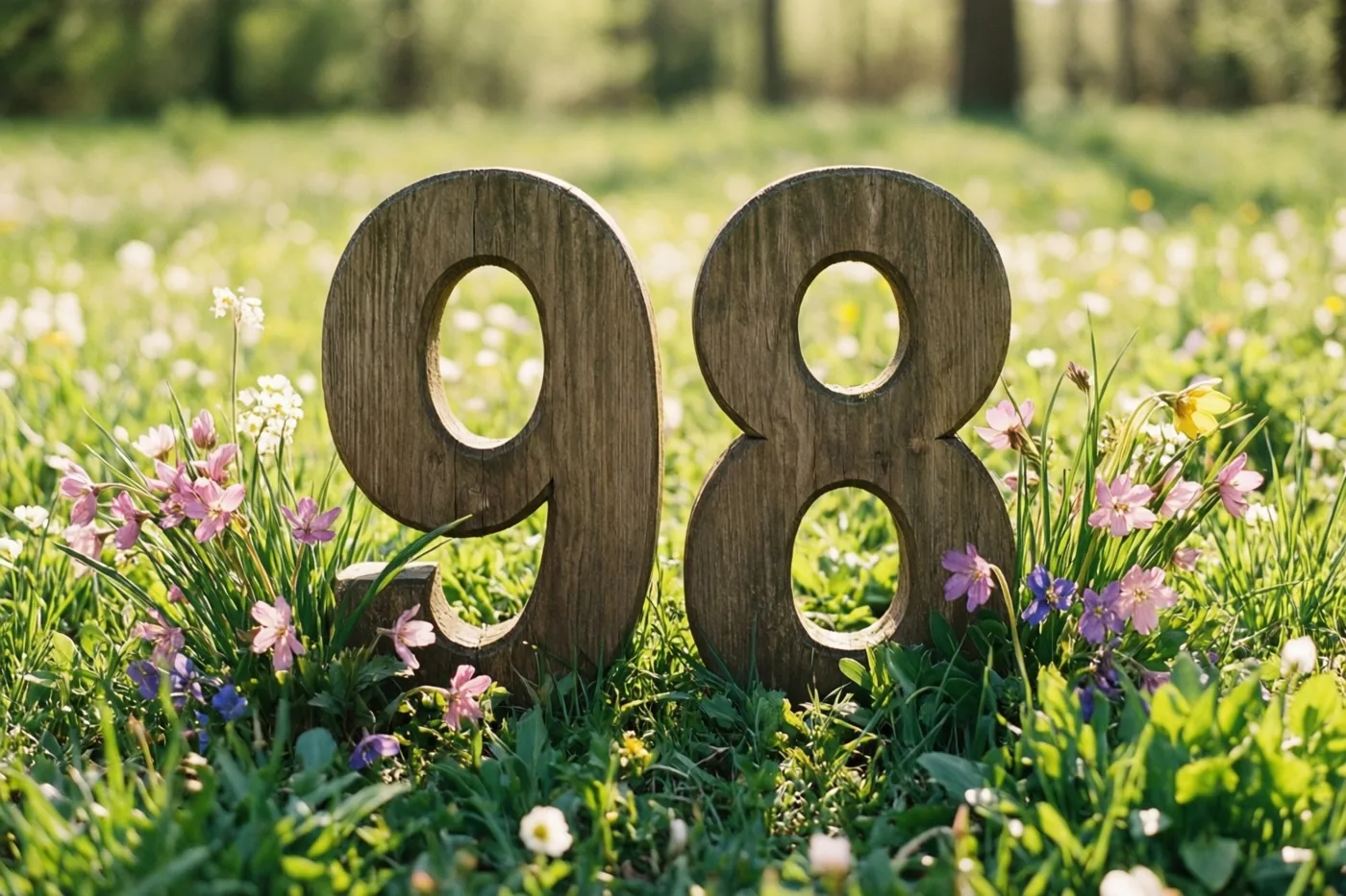 Houten cijfers 98 staan rechtop in een heldergroene weide met verse lentebloemen in fel zonlicht.