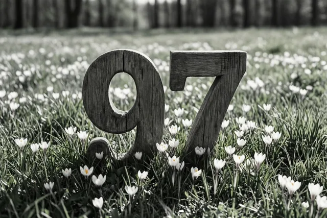 Een zwart-witfoto toont houten cijfers 97 in een grasweide met kleine witte lentebloemen en een onscherpe achtergrond.