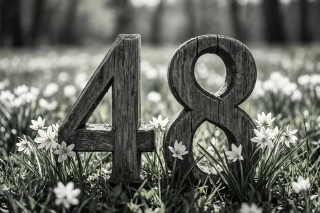 Op een zwart-witfoto staan houten cijfers 48 rechtop in een grasweide met kleine witte lentebloemen.