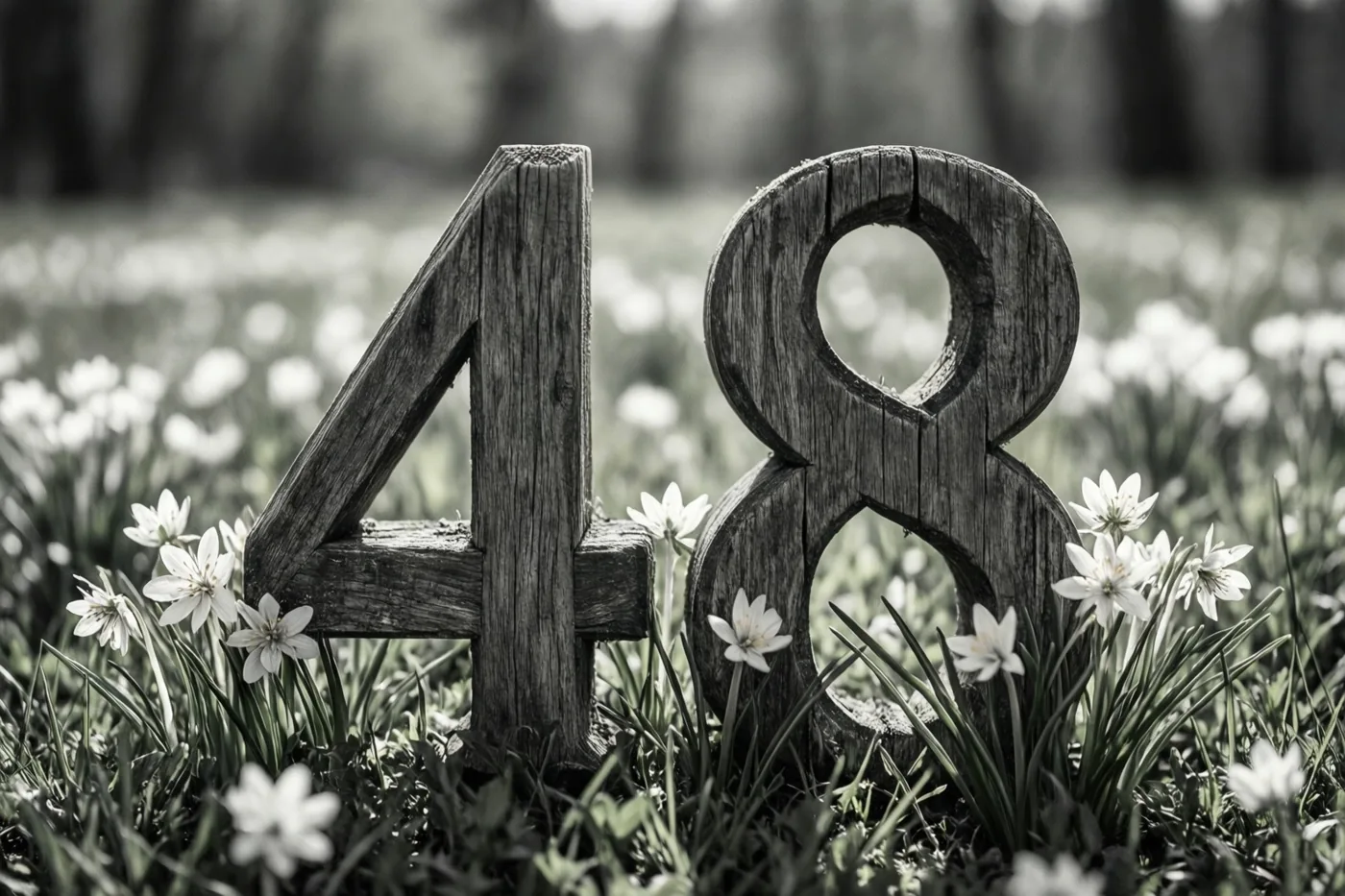 Op een zwart-witfoto staan houten cijfers 48 rechtop in een grasweide met kleine witte lentebloemen.
