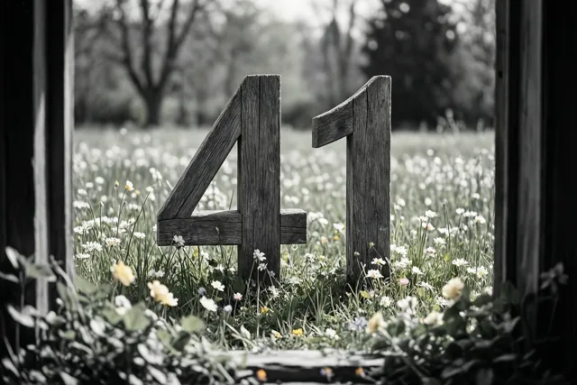 Door een raam zijn houten cijfers die 41 vormen in een weide met lentebloemen te zien, waarbij alleen de bloemen gekleurd zijn in het verder zwart-witte beeld.