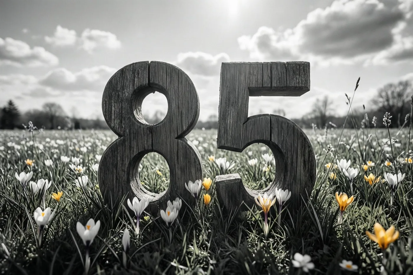 Houten cijfers 85 staan tussen lentebloemen onder een heldere hemel, in een zwart-witbeeld waarin alleen de bloemen kleur hebben.