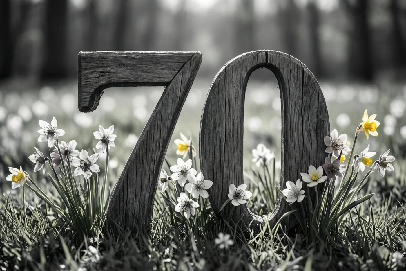 Houten cijfers vormen 70 tussen witte en gele lentebloemen in een grotendeels zwart-wit weergegeven weide, waarin gele narcissen opvallen.