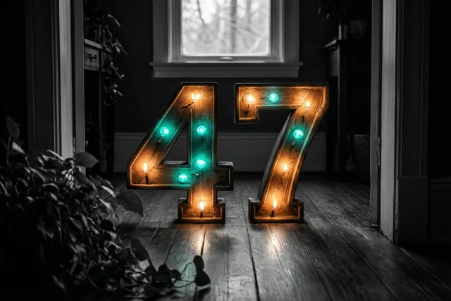 Twee grote houten cijfers vormen 47 en zijn verlicht met brandende theelichtjes op een donkere houten vloer in een schemerige kamer met een raam op de achtergrond.