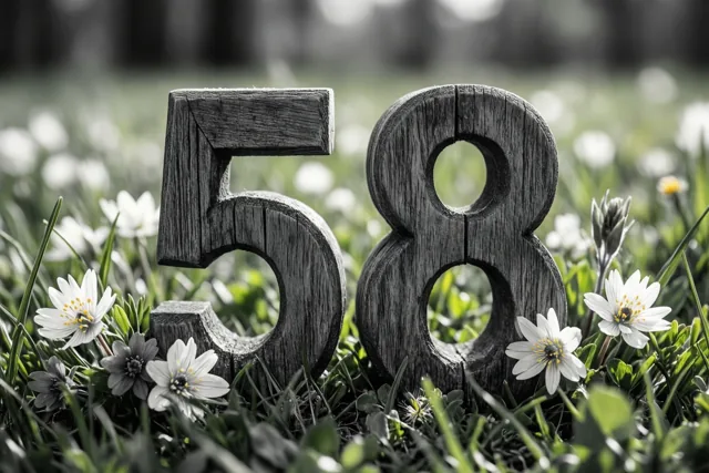 Houten cijfers 58 staan rechtop in een zonnige grasweide met kleine witte lentebloemen en een wazige achtergrond.