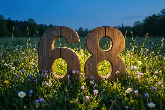Houten cijfers in de vorm van 68 staan in een kleurrijke weide vol lentebloemen, in warm zonlicht onder een diepblauwe schemerlucht.