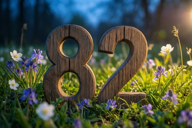 Houten cijfers die 82 vormen staan in een grasweide met lentebloemen, onder een blauwe hemel in warm zonlicht.